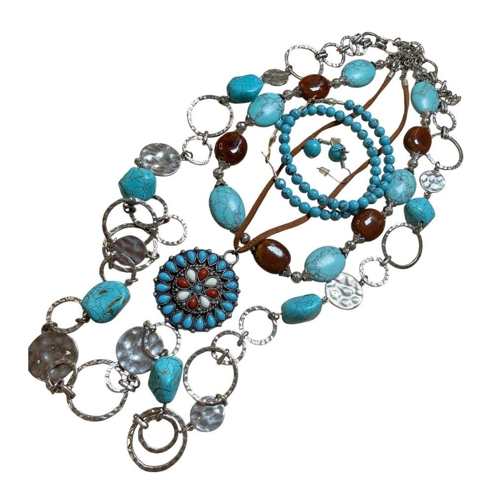 Silver Faux Turquoise Jewelry Set‎ Necklace Bracelet Earrings Southwestern Boho